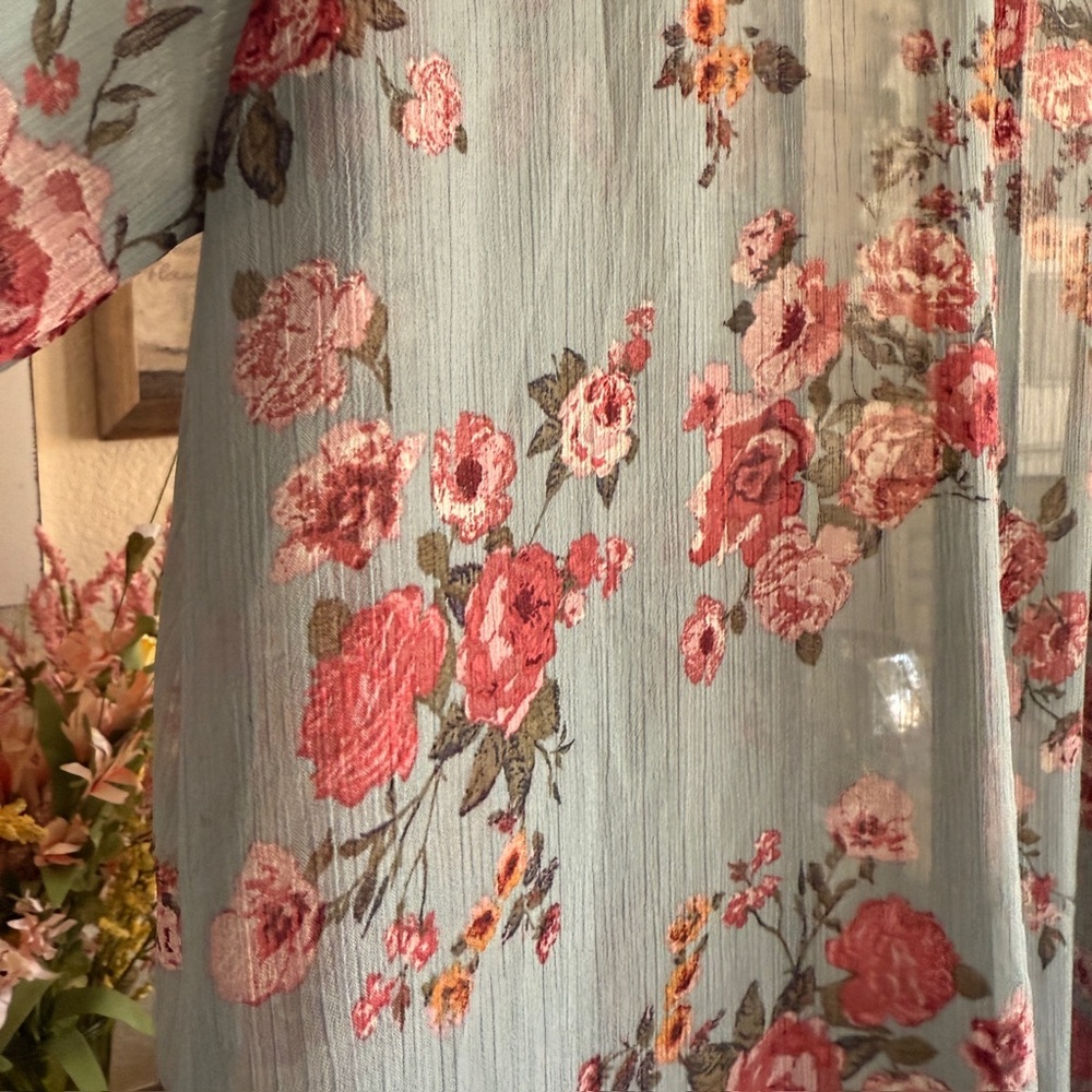 Floral Sheer Kimono Duster with Crochet Light Blue Pink Boho Layering Romantic - Picture 15 of 16